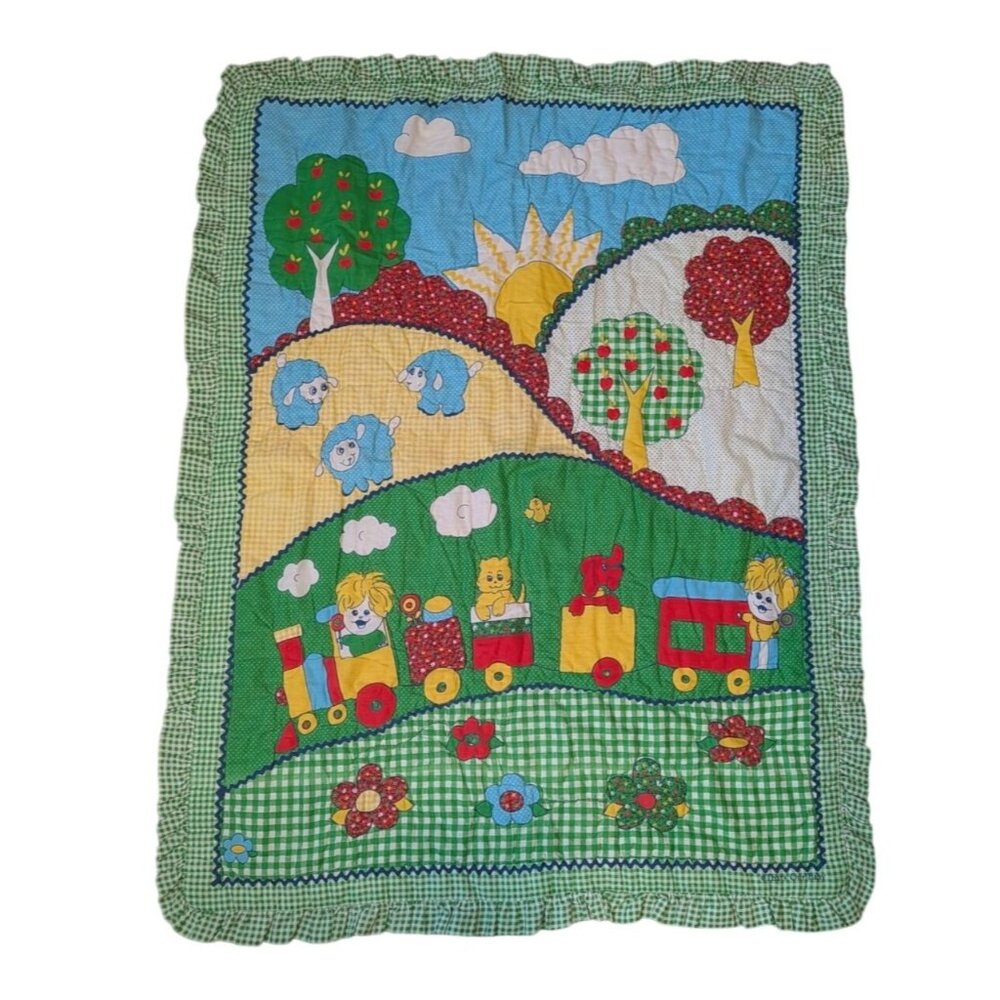 Vtg Thats Our Baby Green Gingham Baby‎ Blanket 33x43" Animal Train Ruffles